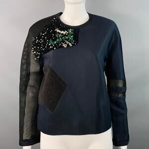 FENDI Fall 2014 Size 6 Navy Green Polyamide Blend Patchwork Back Zip Casual Top